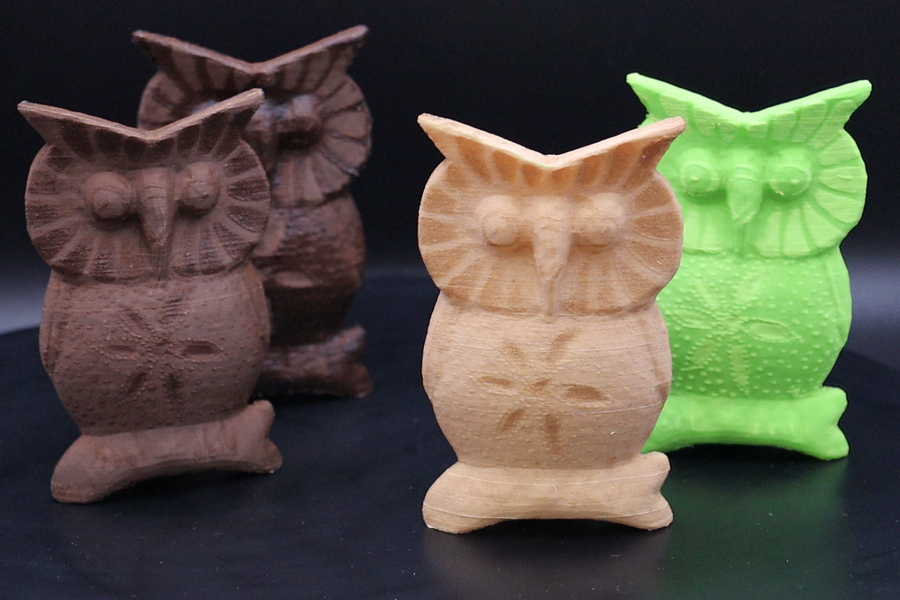 Speed-modulated ironing enables makers to fabricate objects with varied colors and textures, like the owls pictured here, using only one material with high precision. The technique is faster and produces less waste than other methods (Credits: Courtesy of the researchers).