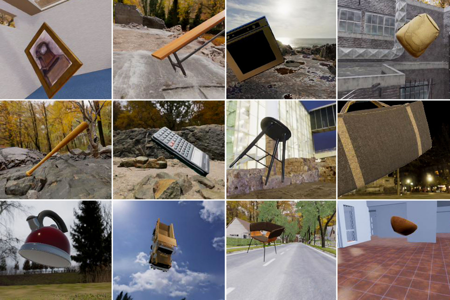 The models were trained on a dataset of synthetic images like the ones pictured, with objects such as tea kettles or calculators superimposed on different backgrounds. Researchers trained the model to identify one or more spatial features of an object, including rotation, location, and distance (Credits: Courtesy of the researchers).