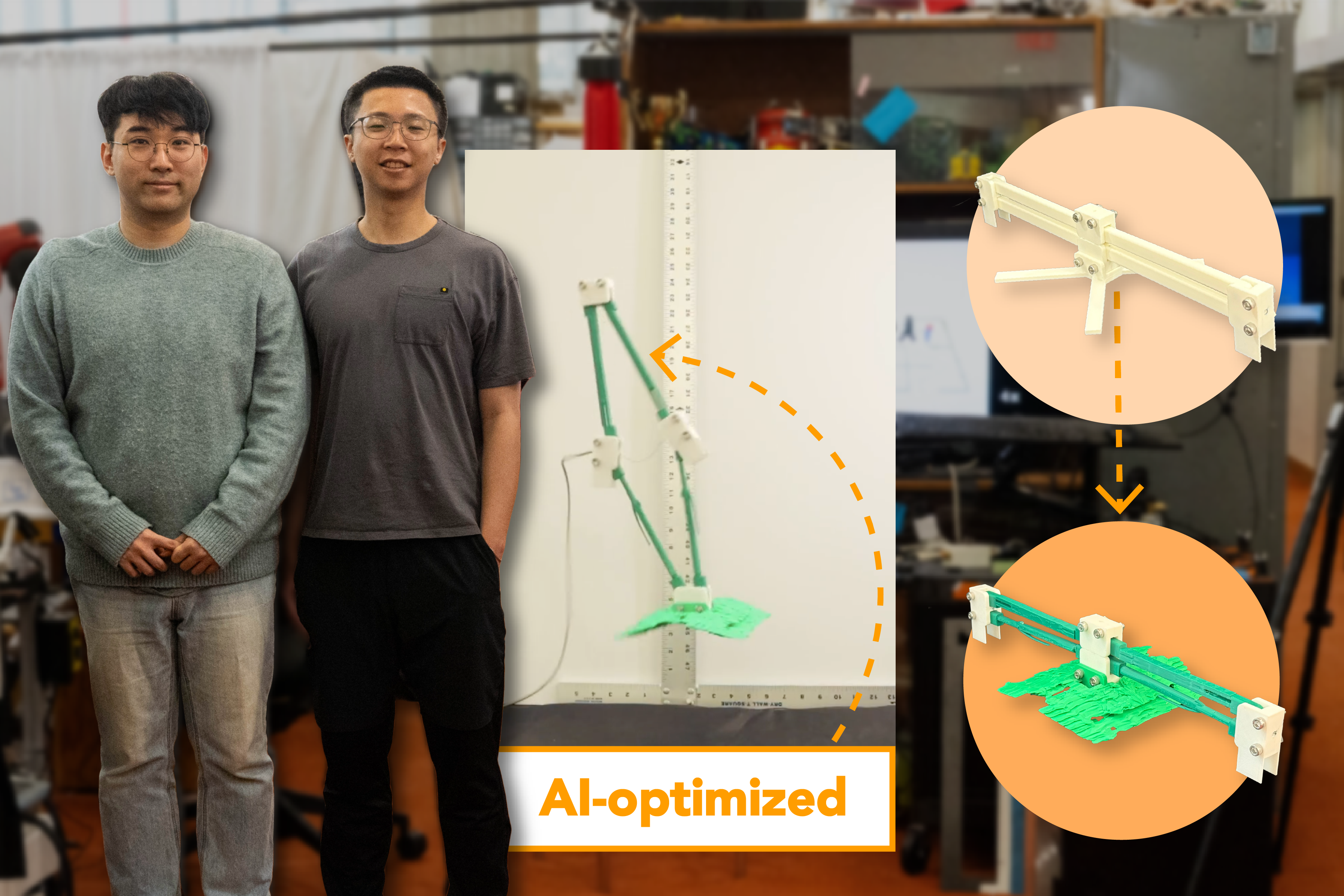 MIT CSAIL researchers combined generative AI and a physics simulation engine to create a machine that outjumped a robot designed by a human (Credit: Researchers photographed by Dan McDonald and image collaged by Alex Shipps/MIT CSAIL using assets from the researchers).